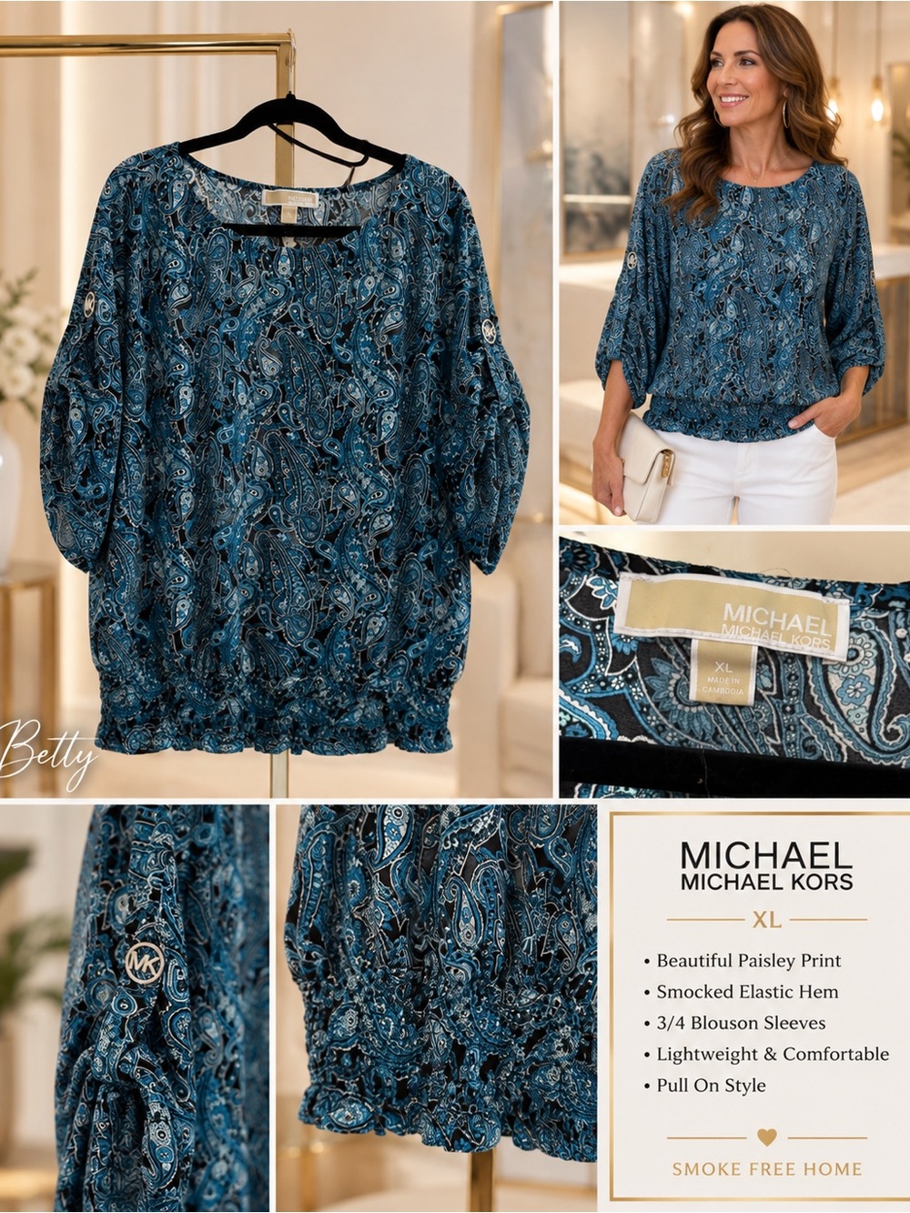 MICHAEL Michael Kors Teal Blue Paisley Smocked-Hem Blouson Top